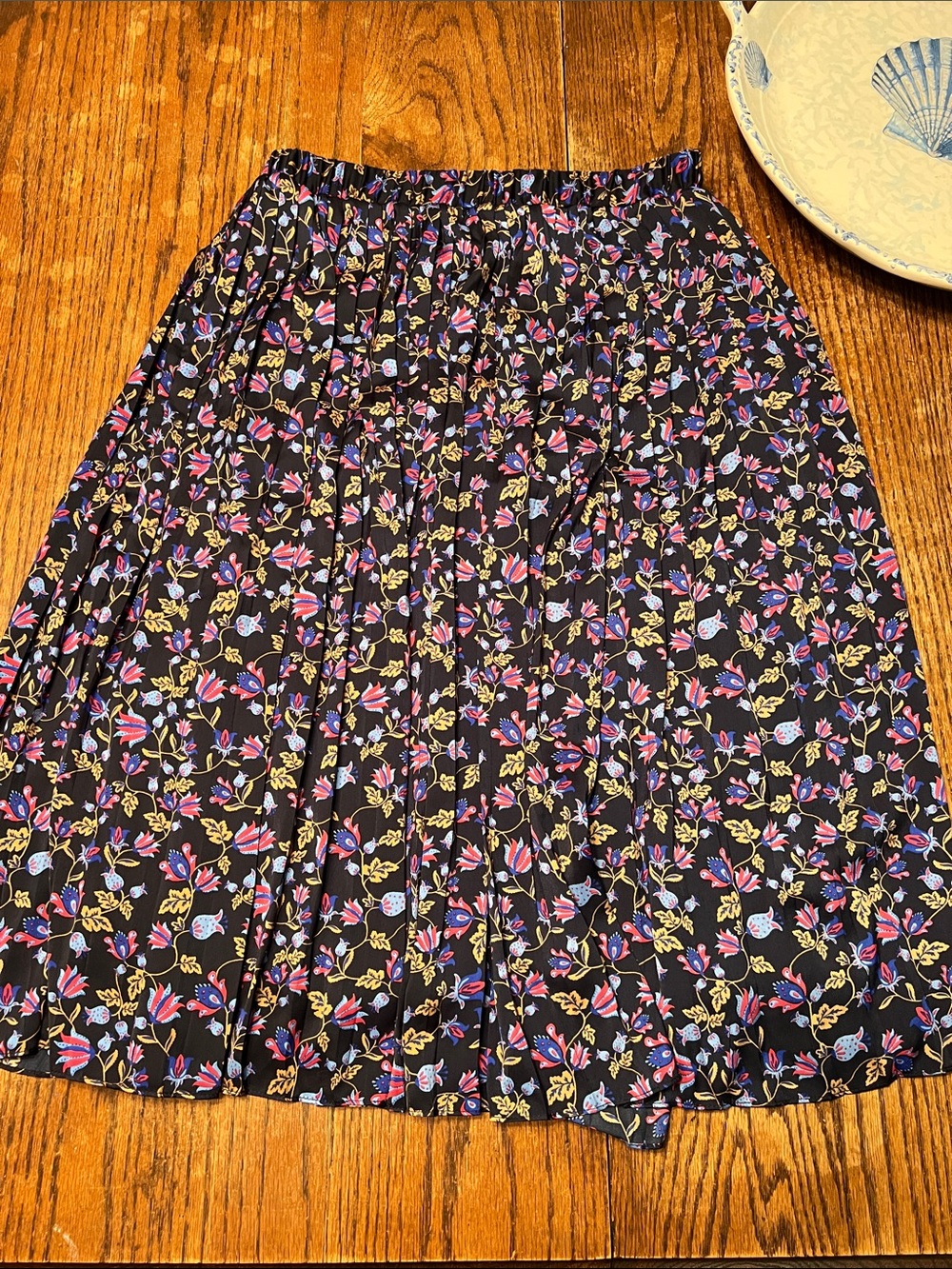 Banana Republic Black Pleated Skirt with Red, Blue & Gold Floral Print